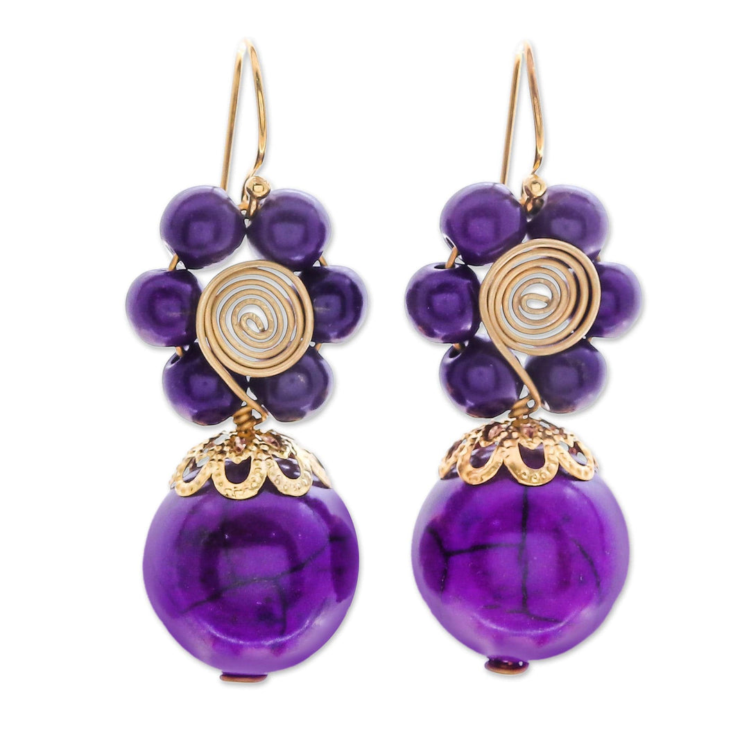 Purple Magnesite Floral Dangle Earrings with Brass Spirals - Violet Bloom