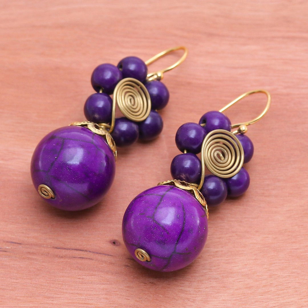 Purple Magnesite Floral Dangle Earrings with Brass Spirals - Violet Bloom