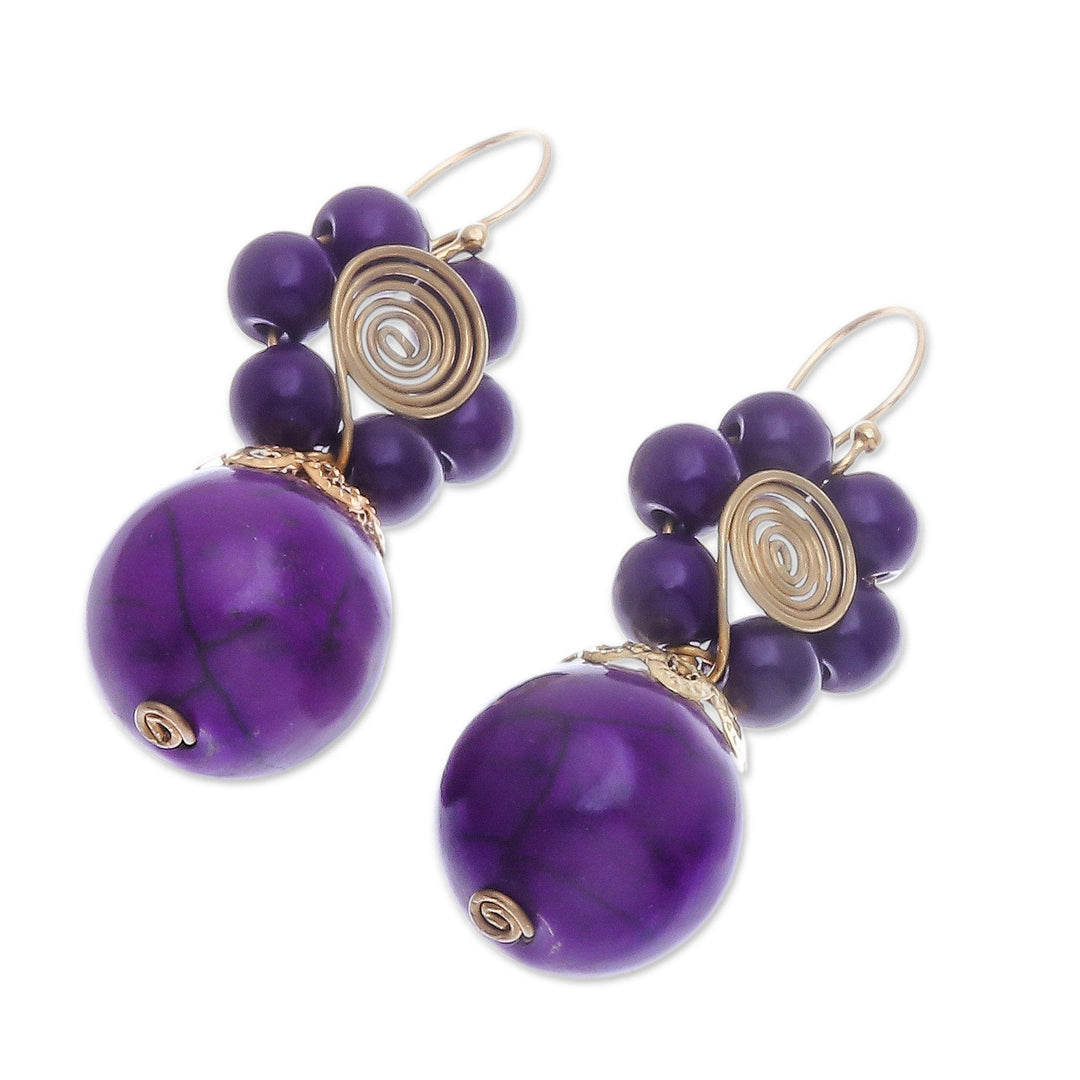 Purple Magnesite Floral Dangle Earrings with Brass Spirals - Violet Bloom