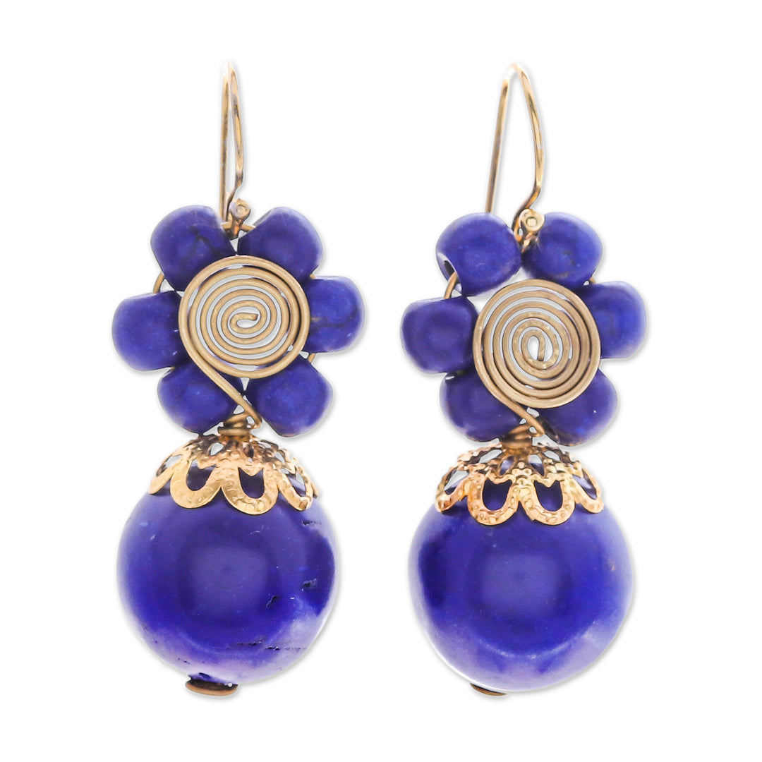 Blue Magnesite Floral Dangle Earrings with Brass Spirals - Blue Bloom
