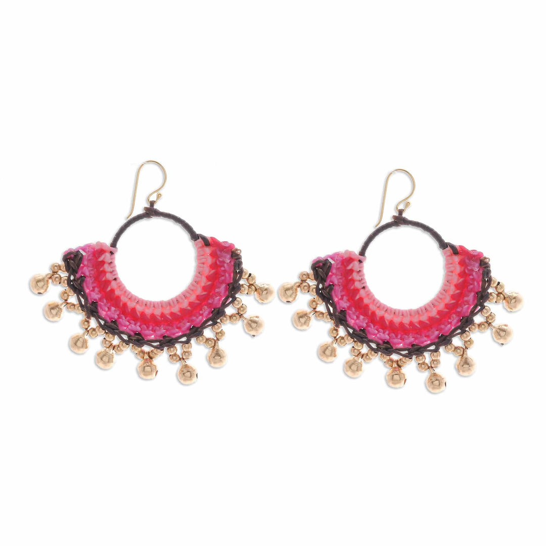 Brass Beaded Pink and Black Macrame Chandelier Earrings - The Glorious Pink