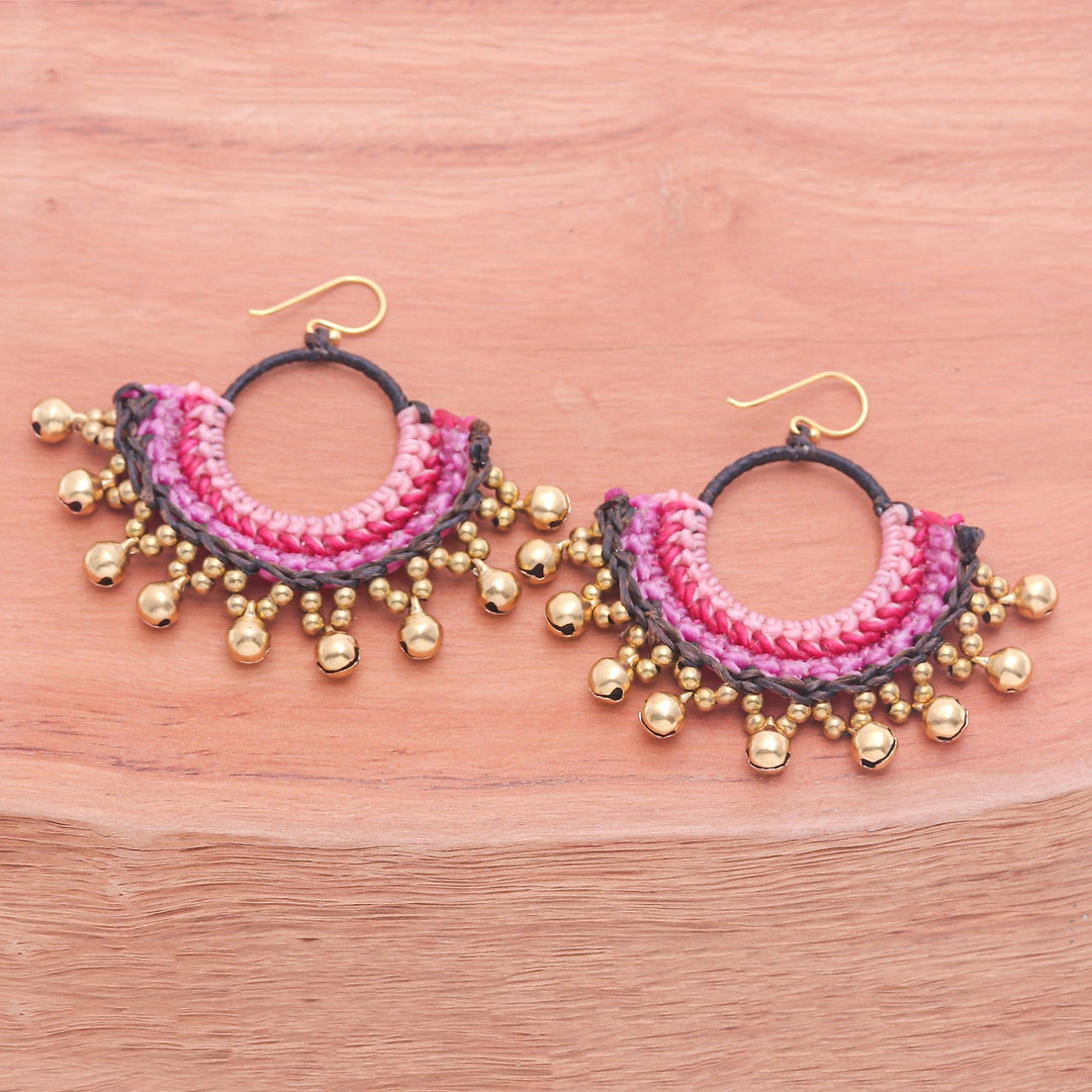 Brass Beaded Pink and Black Macrame Chandelier Earrings - The Glorious Pink