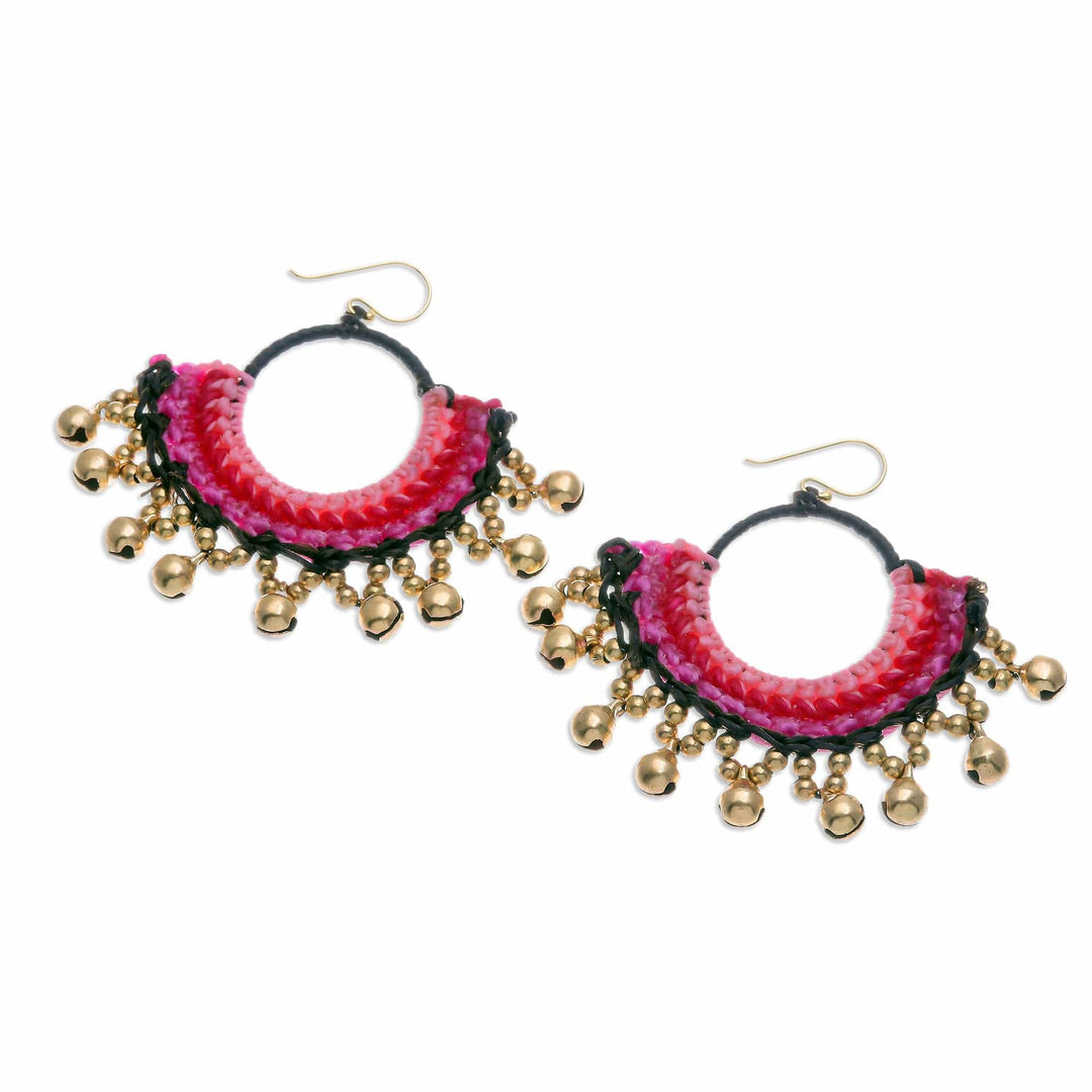 Brass Beaded Pink and Black Macrame Chandelier Earrings - The Glorious Pink