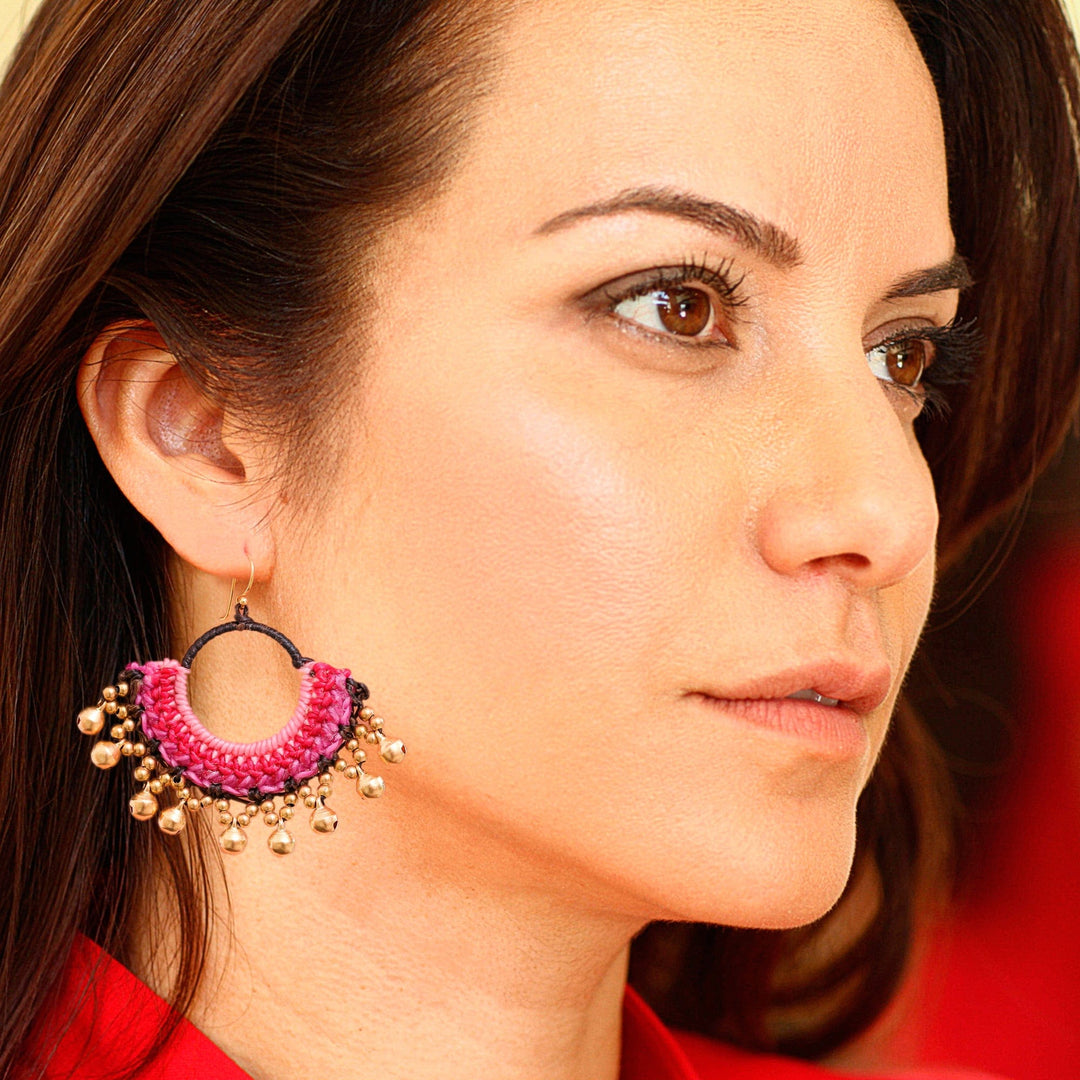 Brass Beaded Pink and Black Macrame Chandelier Earrings - The Glorious Pink