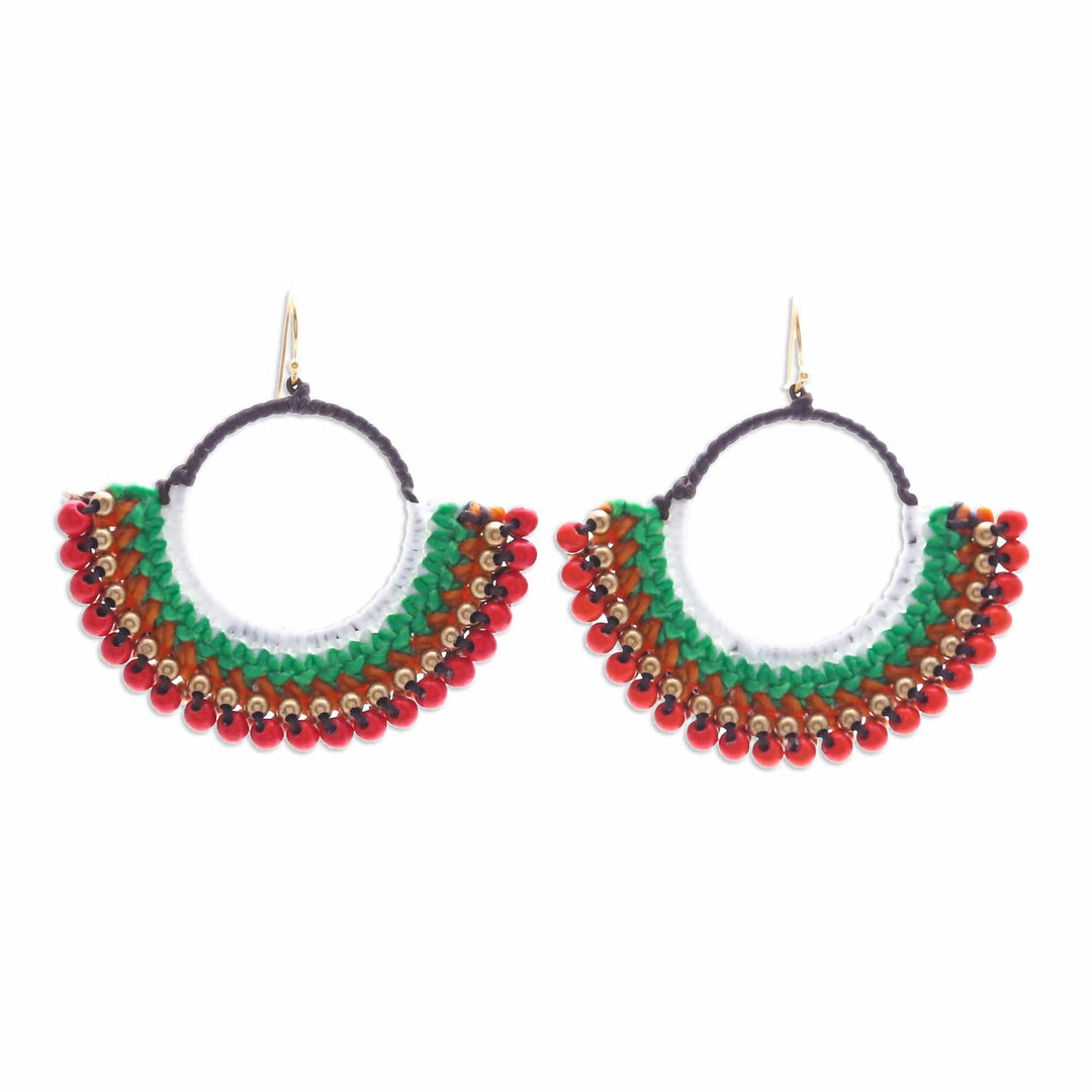 Colorful Macrame Dangle Earrings with Red Magnesite Beads - Tropical Nimbus
