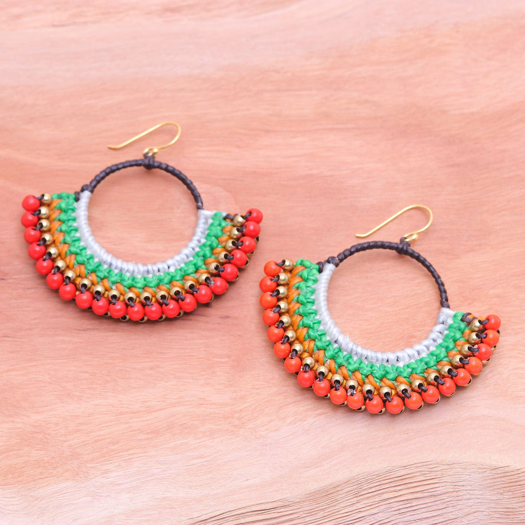 Colorful Macrame Dangle Earrings with Red Magnesite Beads - Tropical Nimbus