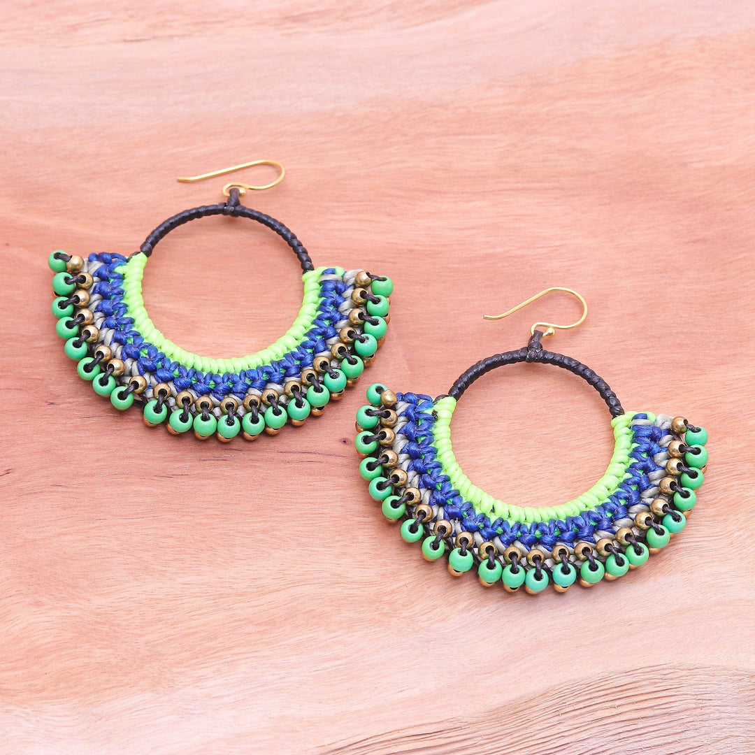 Blue Macrame Dangle Earrings with Green Magnesite Beads - Island Nimbus