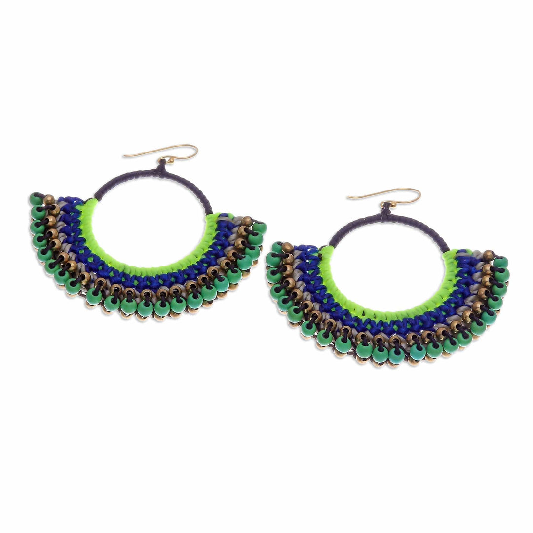 Blue Macrame Dangle Earrings with Green Magnesite Beads - Island Nimbus