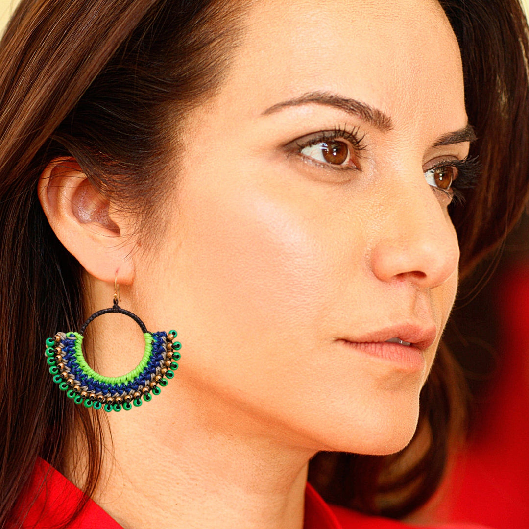 Blue Macrame Dangle Earrings with Green Magnesite Beads - Island Nimbus