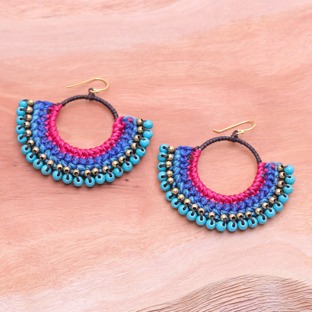 Blue Macrame Dangle Earrings with Turquoise Magnesite Beads - Oceanic Nimbus