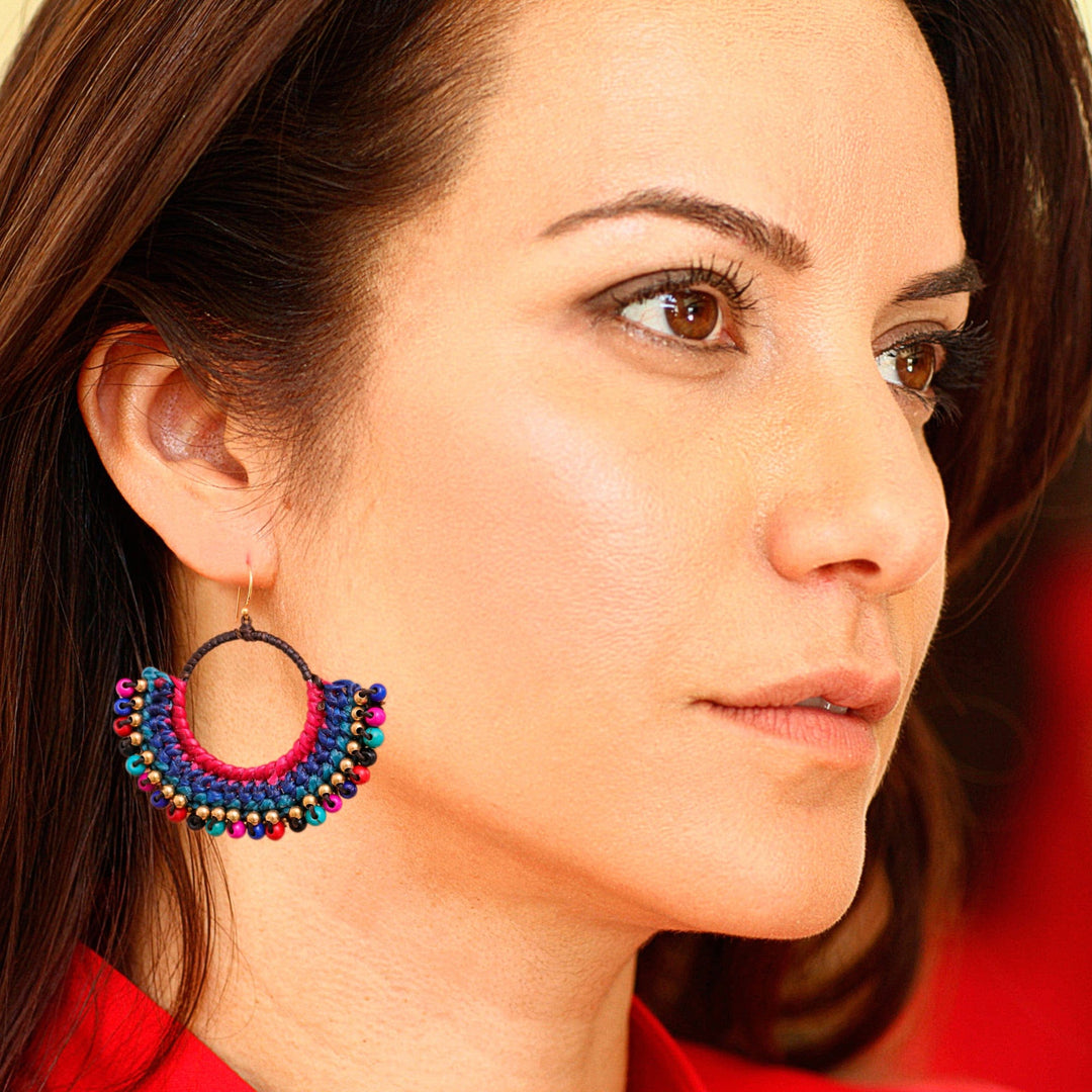 Blue Macrame Dangle Earrings with Colorful Magnesite Beads - Oneiric Nimbus