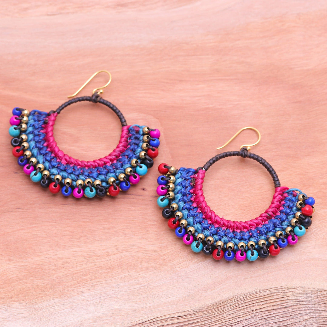 Blue Macrame Dangle Earrings with Colorful Magnesite Beads - Oneiric Nimbus