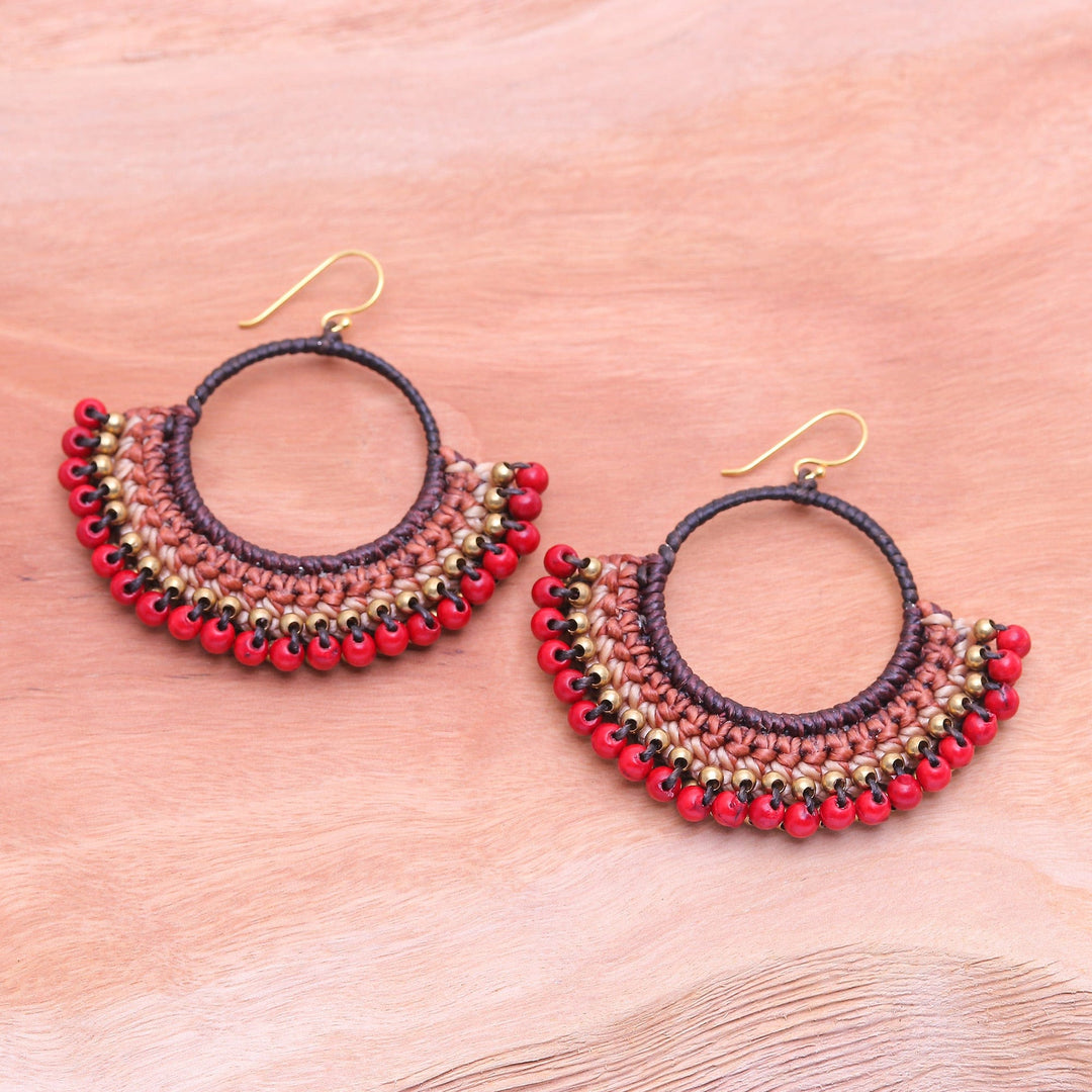 Brown Macrame Dangle Earrings with Red Magnesite Beads - Passionate Nimbus