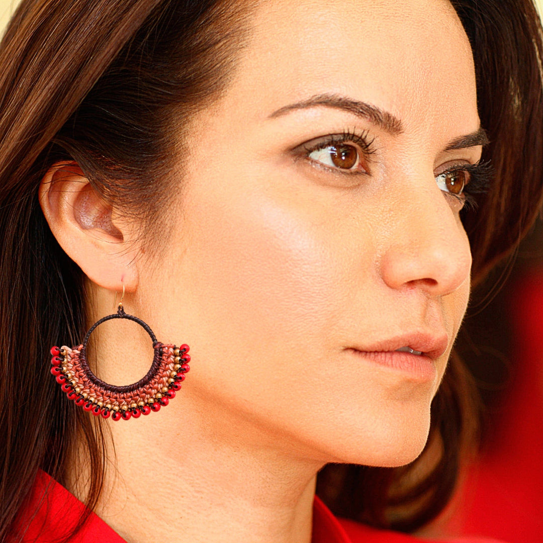 Brown Macrame Dangle Earrings with Red Magnesite Beads - Passionate Nimbus