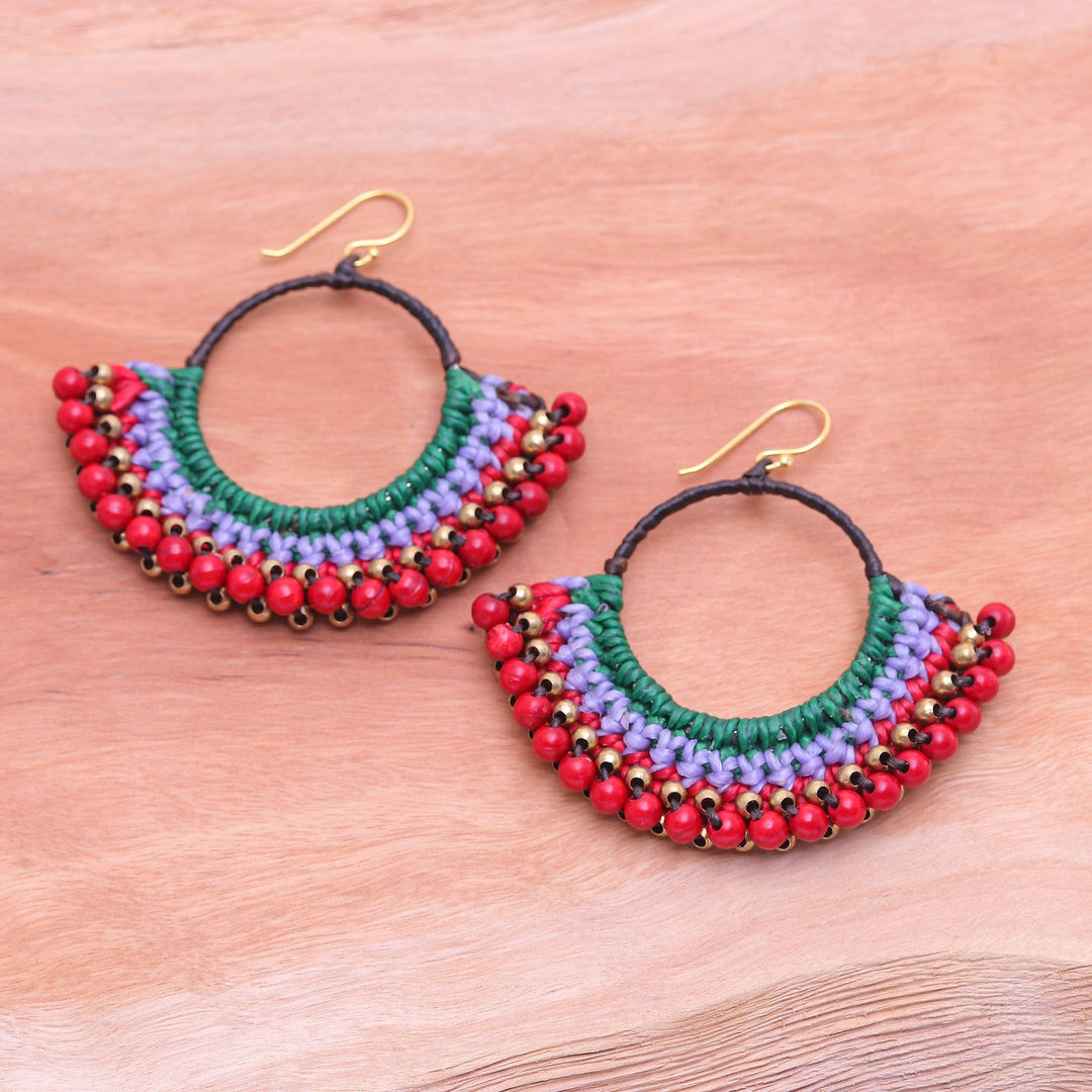 Green Macrame Dangle Earrings with Red Magnesite Beads - Audacious Nimbus