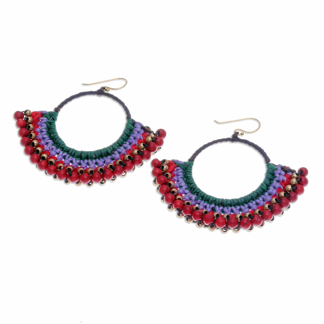 Green Macrame Dangle Earrings with Red Magnesite Beads - Audacious Nimbus