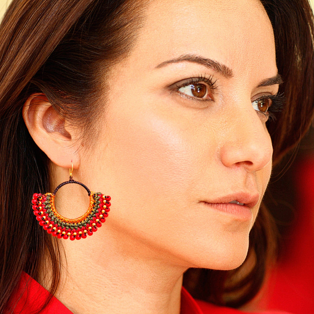 Brown Macrame Dangle Earrings with Red Magnesite Beads - Alluring Nimbus