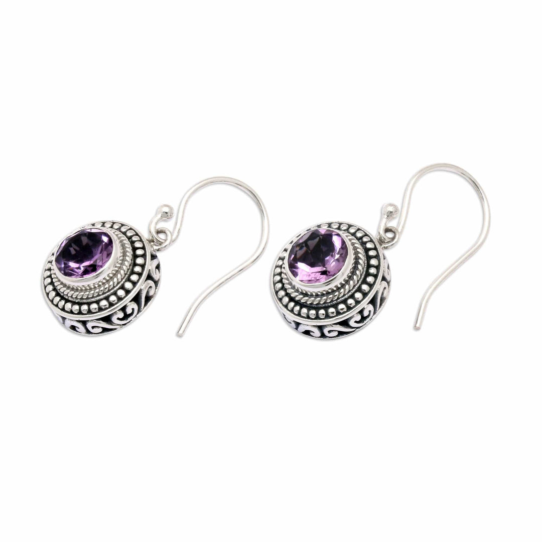 Balinese Round Sterling Silver and Amethyst Dangle Earrings - Fascinated Gaze