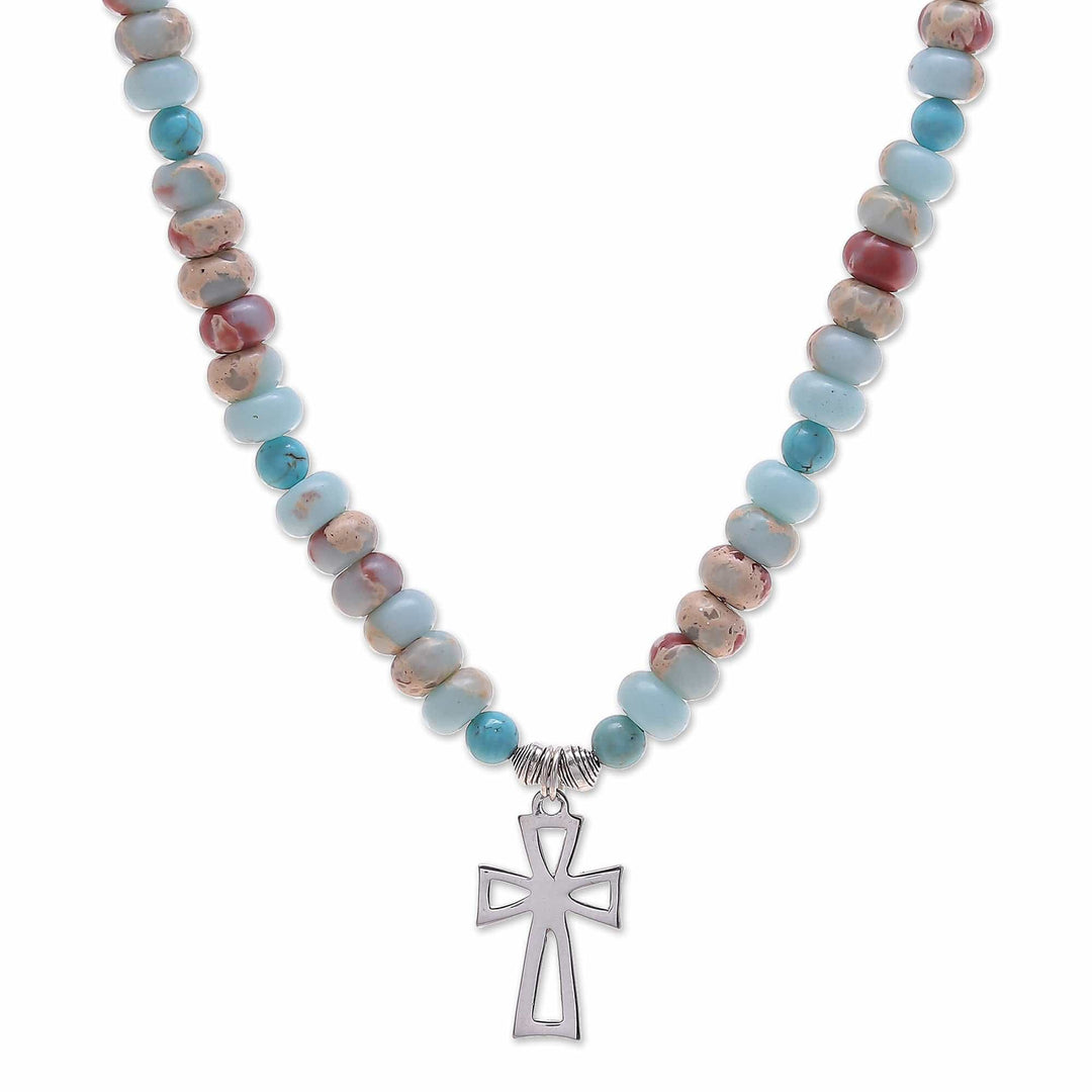 Jasper and Variscite Beaded Necklace with Cross Pendant - Wealth & Faith