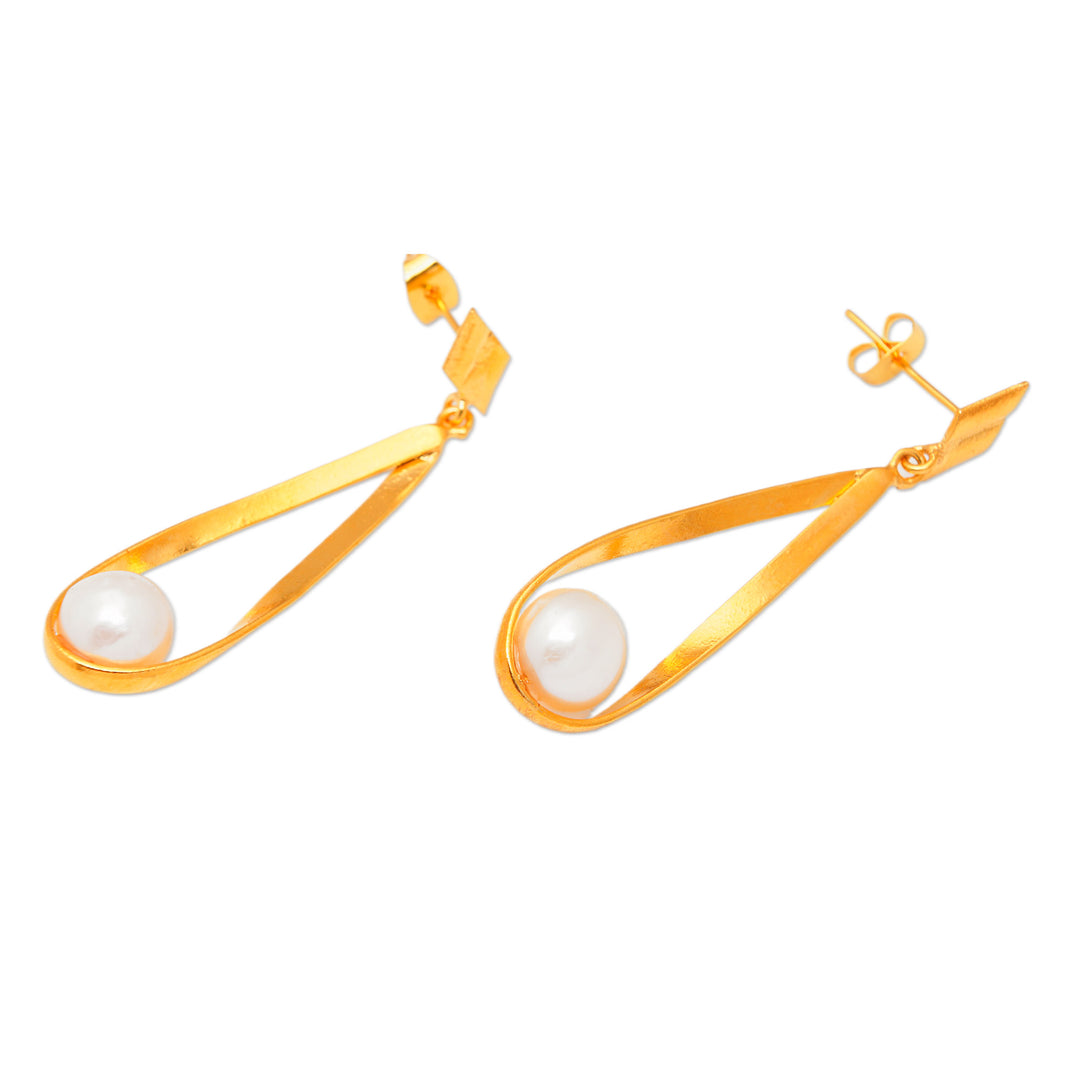 Polished 18k Gold-Plated Cultured Pearl Dangle Earrings - Trendy Grace