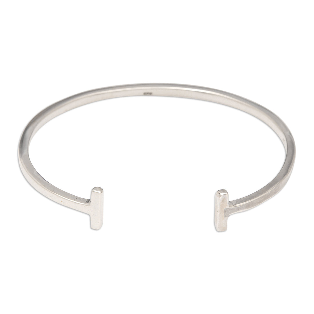 Polished Modern Minimalist Sterling Silver Cuff Bracelet - Futuristic Walls