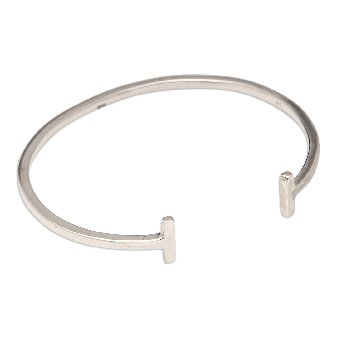 Polished Modern Minimalist Sterling Silver Cuff Bracelet - Futuristic Walls