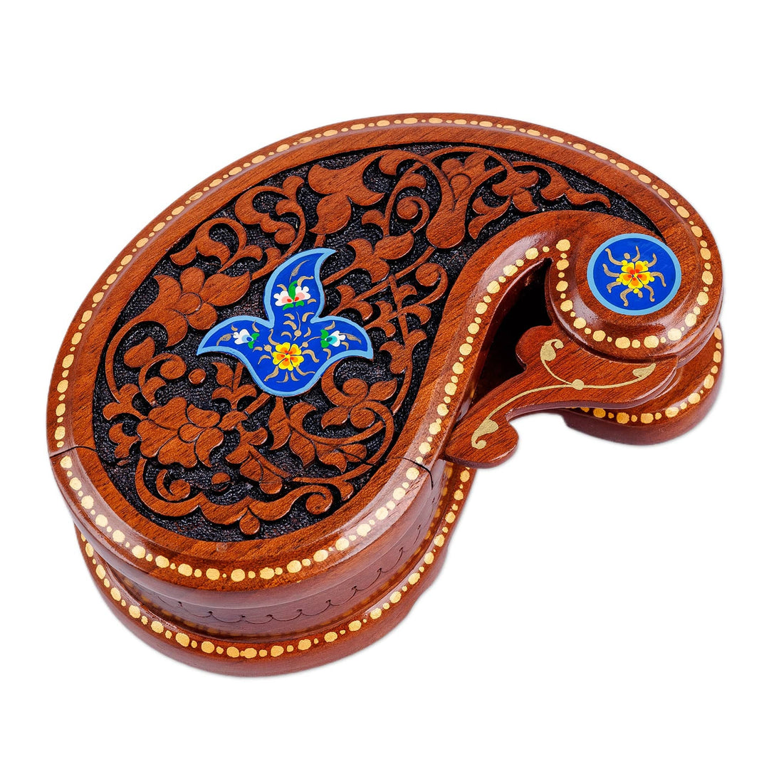 Paisley-Shaped Walnut Wood Puzzle Box in Blue and Brown - Paisley & Magic