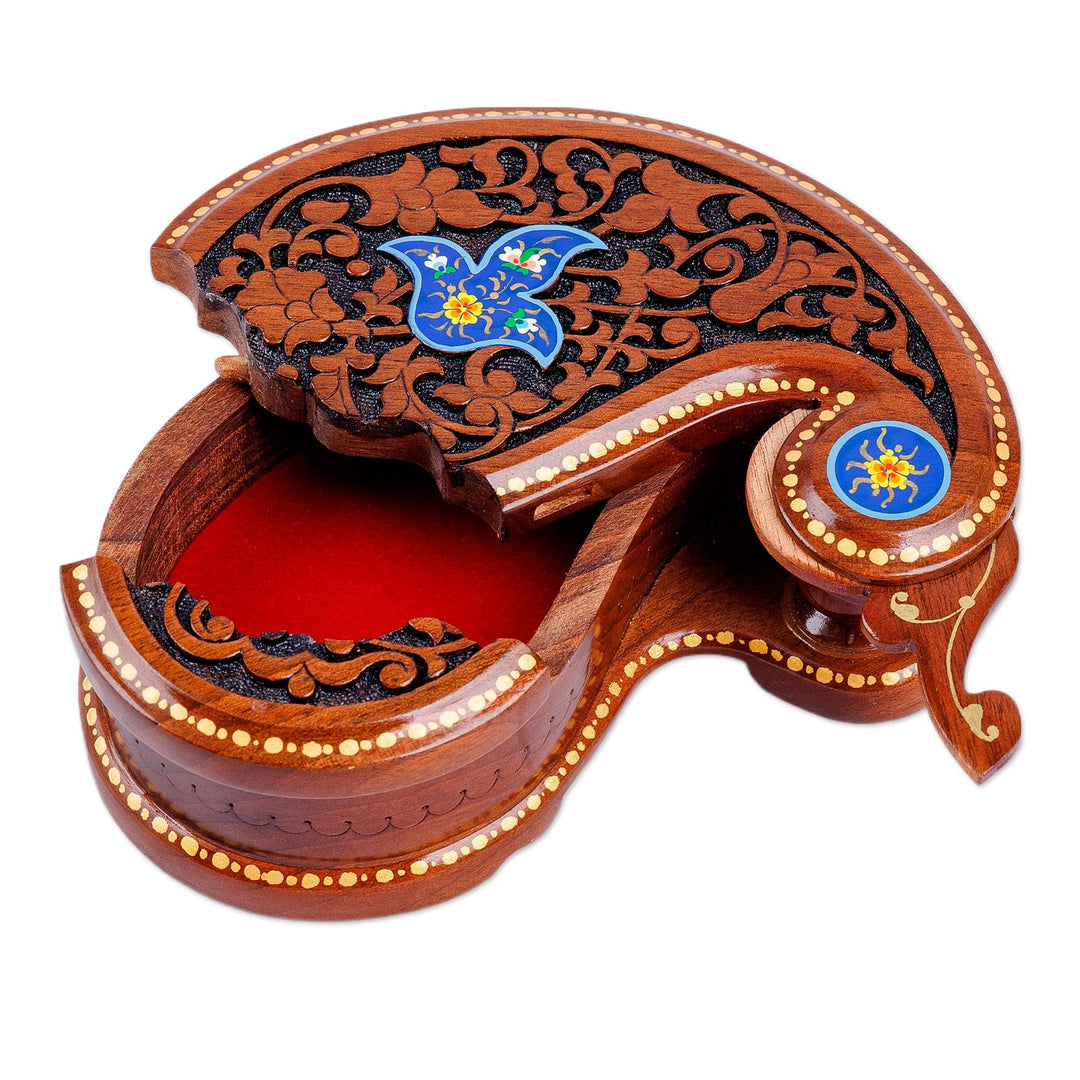Paisley-Shaped Walnut Wood Puzzle Box in Blue and Brown - Paisley & Magic