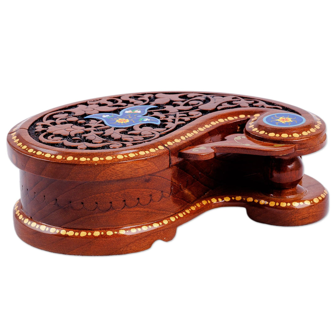 Paisley-Shaped Walnut Wood Puzzle Box in Blue and Brown - Paisley & Magic