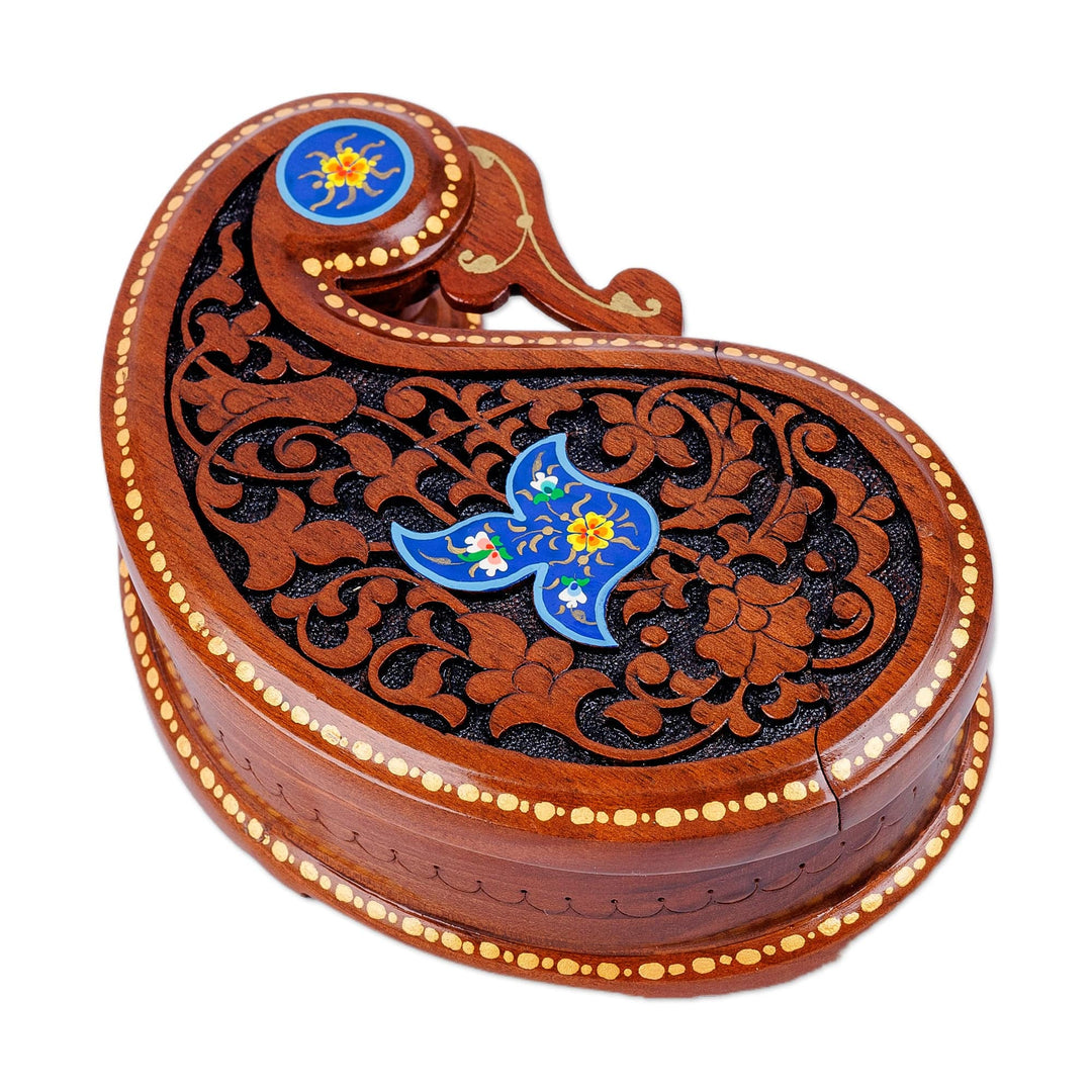Paisley-Shaped Walnut Wood Puzzle Box in Blue and Brown - Paisley & Magic