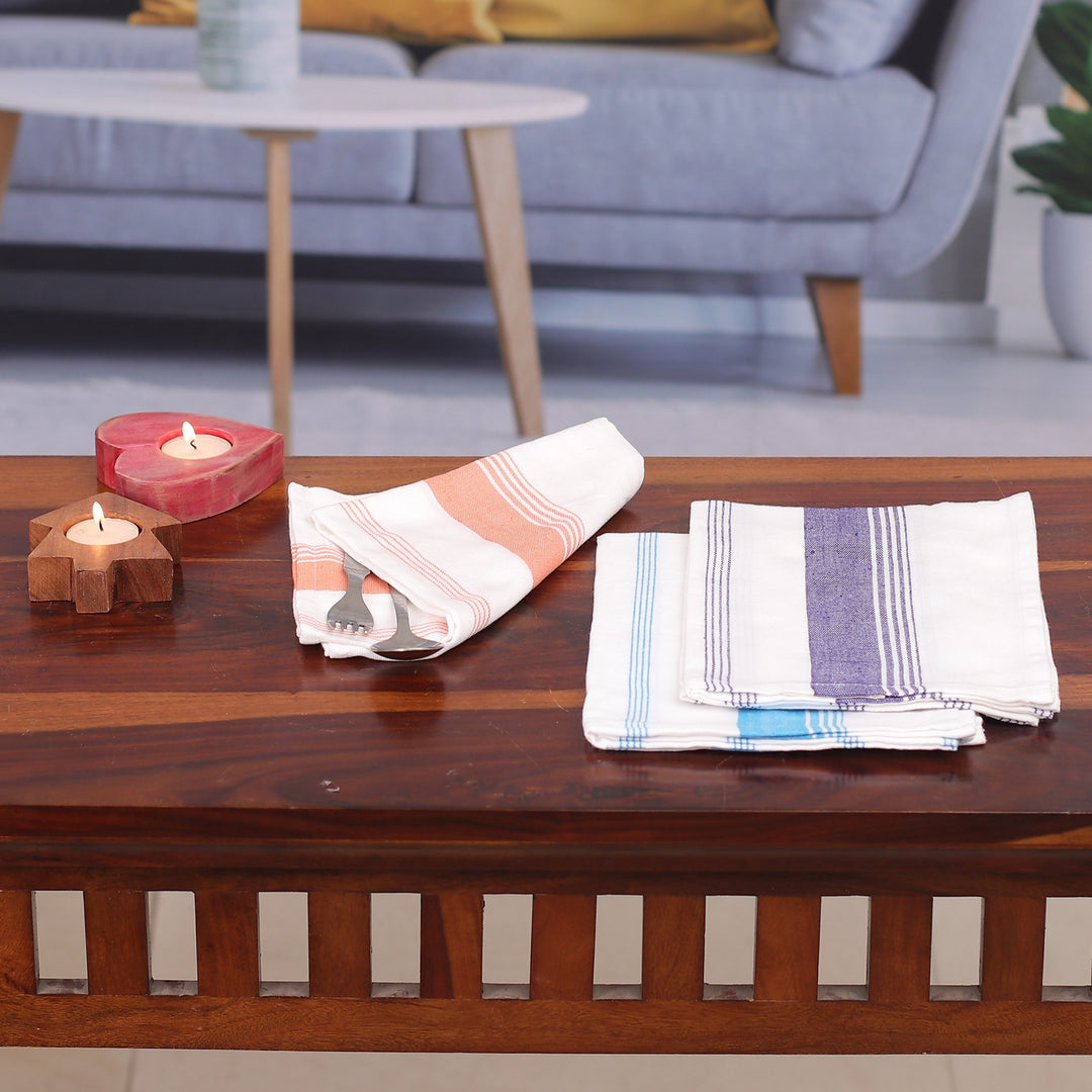 Set of 3 Purple, Orange and Blue Striped Cotton Dish Towels - Stripes of Sweetness