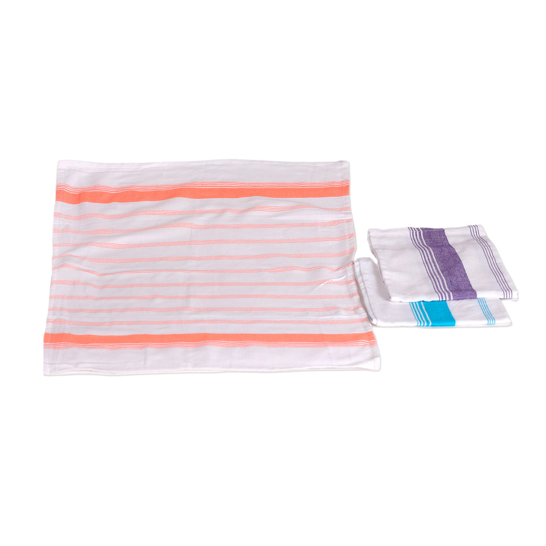 Set of 3 Purple, Orange and Blue Striped Cotton Dish Towels - Stripes of Sweetness
