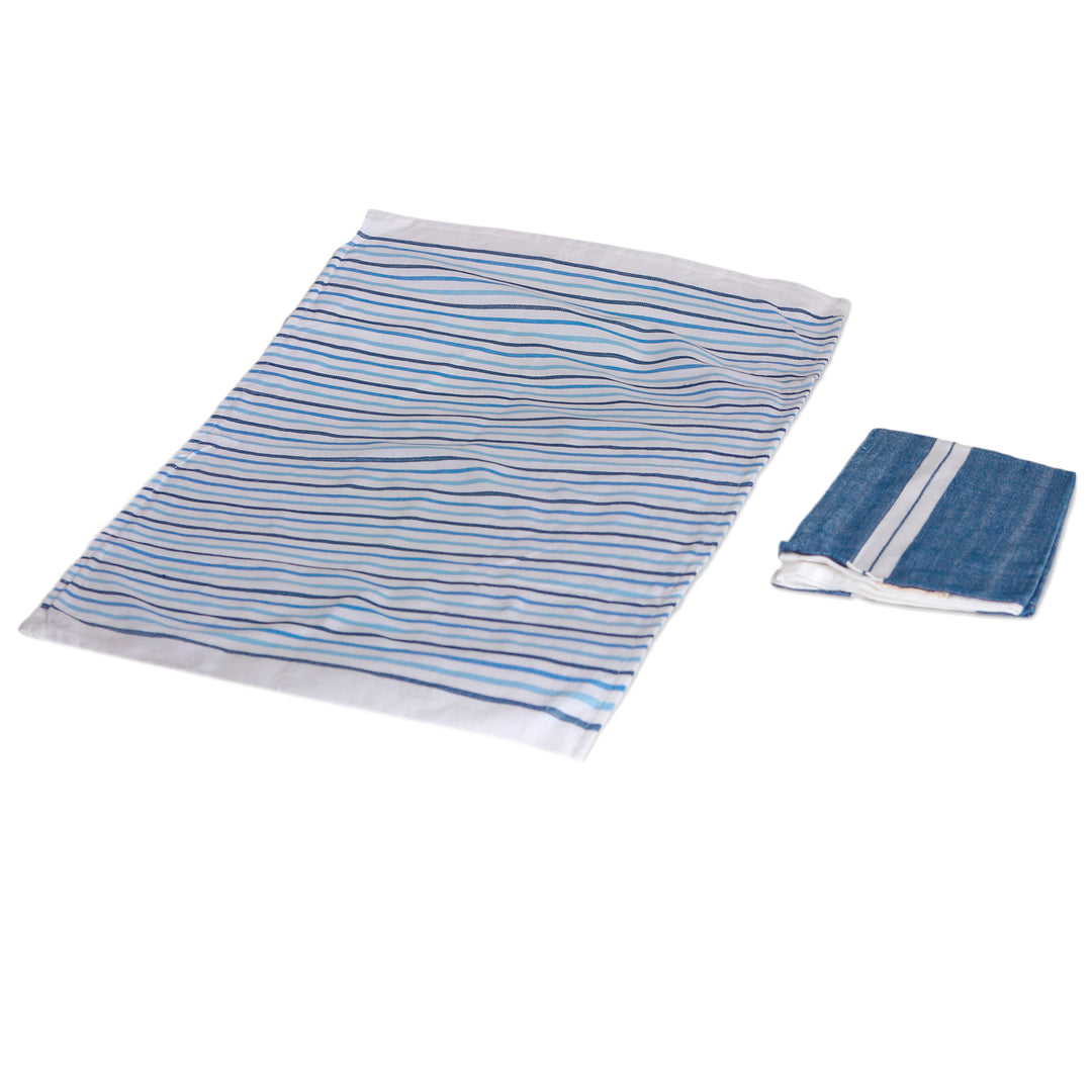 Set of 2 Handwoven Blue and White Striped Cotton Dish Towels - Blue Taste