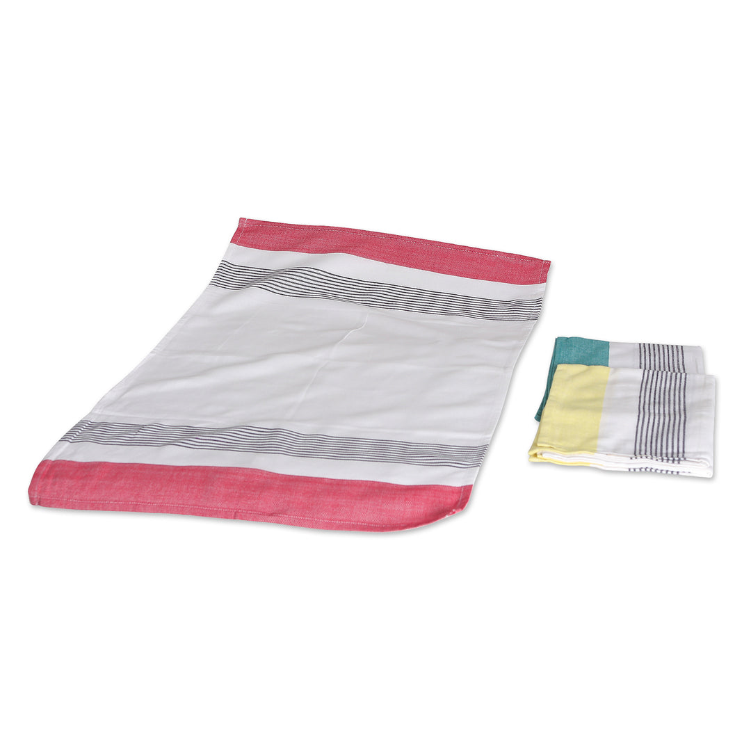 Set of 3 Teal, Red and Yellow Striped Cotton Dish Towels - Stripes of Elegance