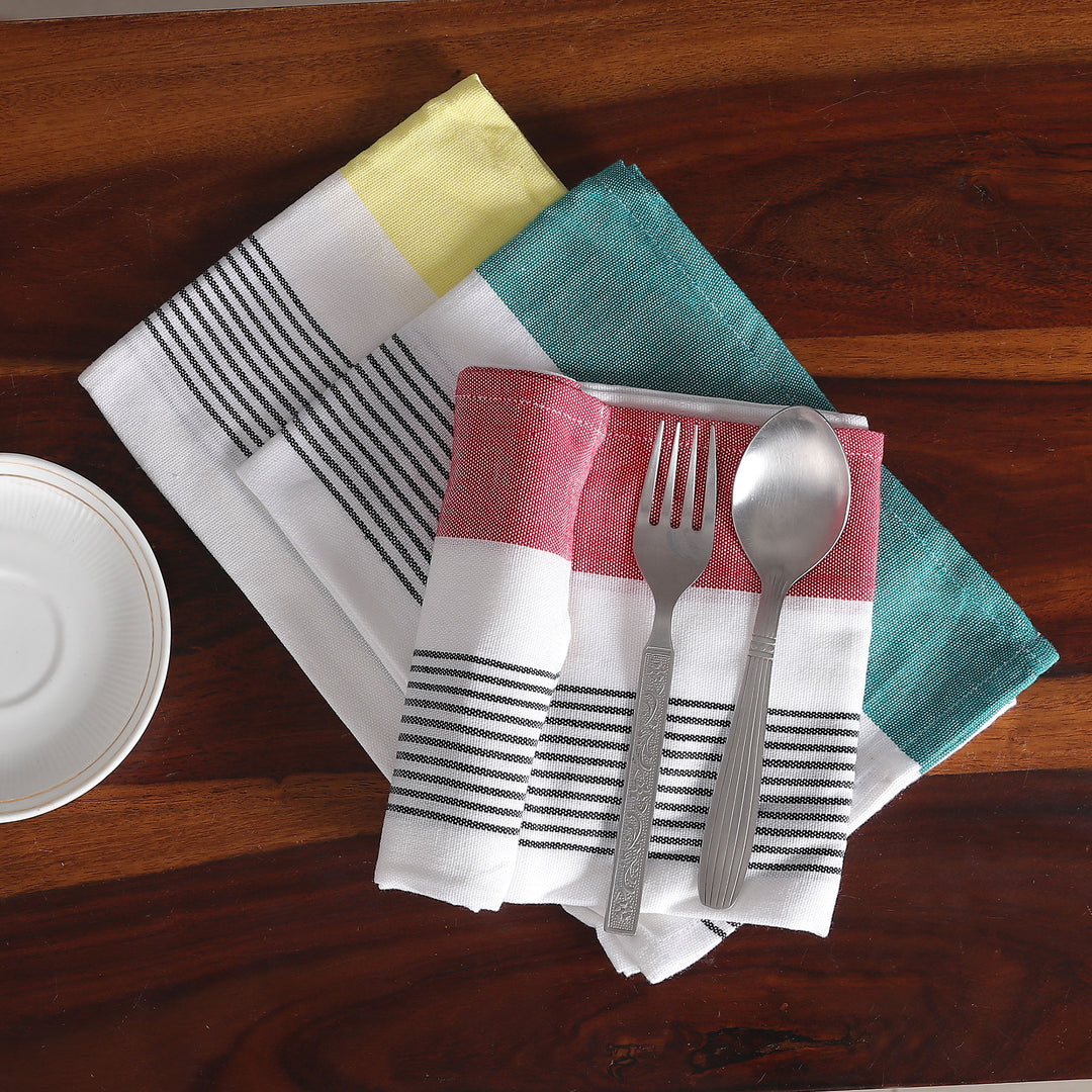 Set of 3 Teal, Red and Yellow Striped Cotton Dish Towels - Stripes of Elegance