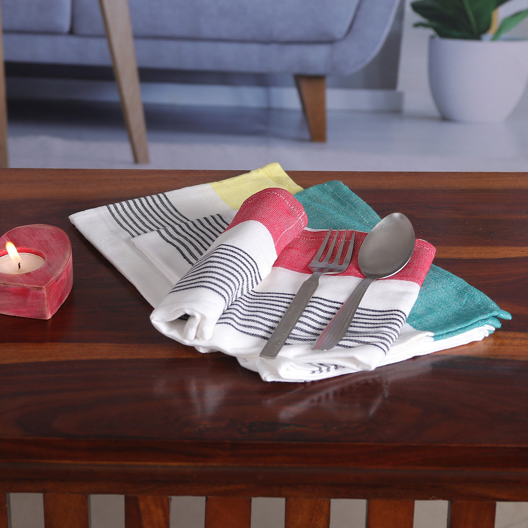 Set of 3 Teal, Red and Yellow Striped Cotton Dish Towels - Stripes of Elegance