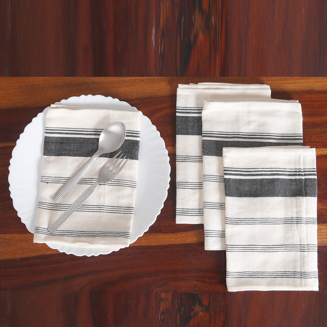 Set of 4 Handwoven Black and White Striped Cotton Napkins - Midnight Meals