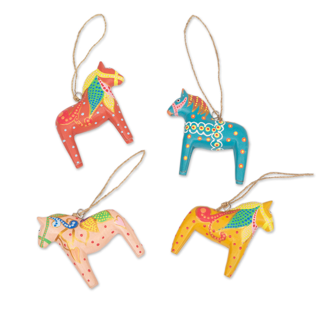 Set of 4 Artisan-Painted Christmas Horse Ornaments - Dala Cheer