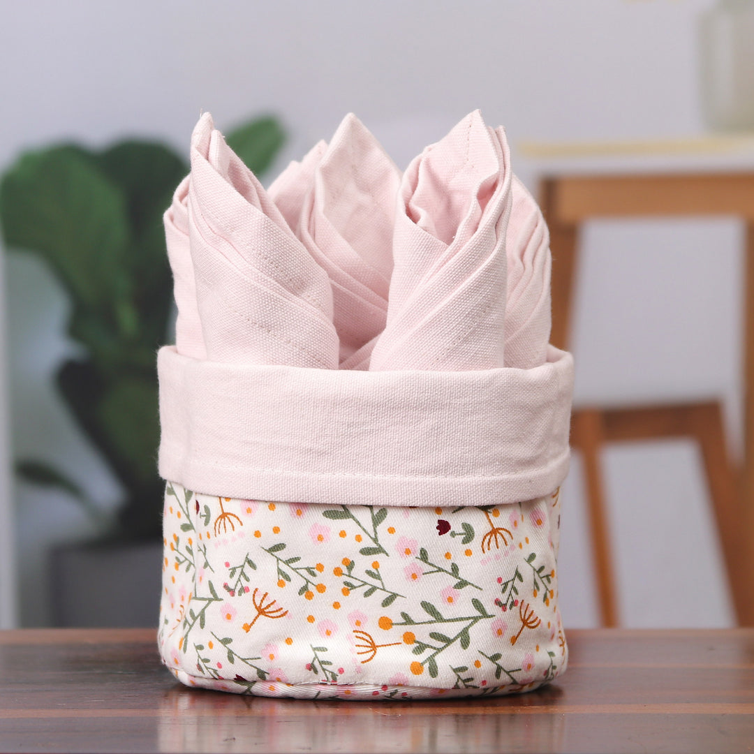 Set of 6 Pink Cotton Napkins with Floral White Basket - Gentle Pink