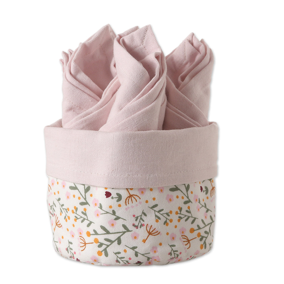 Set of 6 Pink Cotton Napkins with Floral White Basket - Gentle Pink