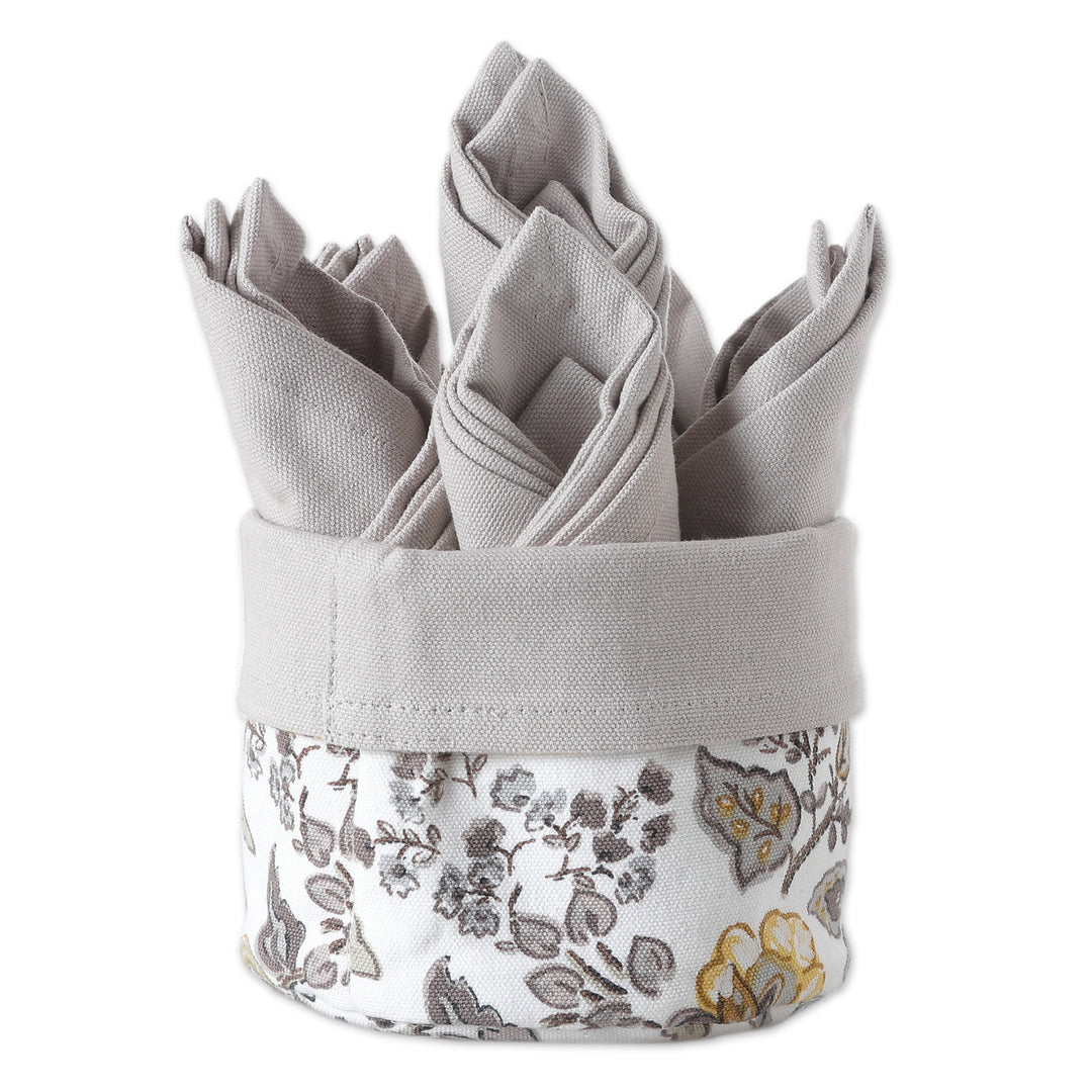 Set of 6 Grey Cotton Napkins with Floral White Basket - Gentle Grey