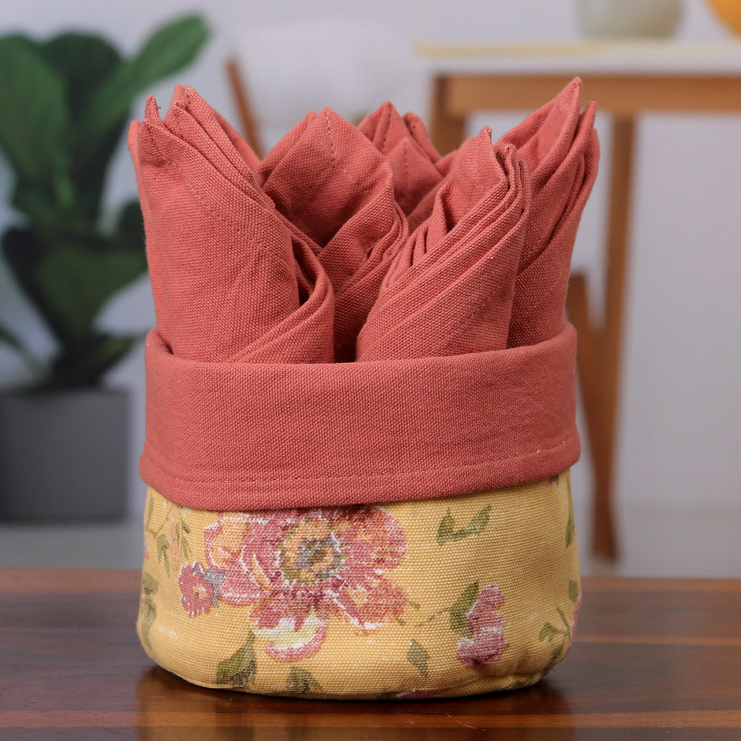 Set of 6 Red Cotton Napkins with Floral Yellow Basket - Gentle Strawberry