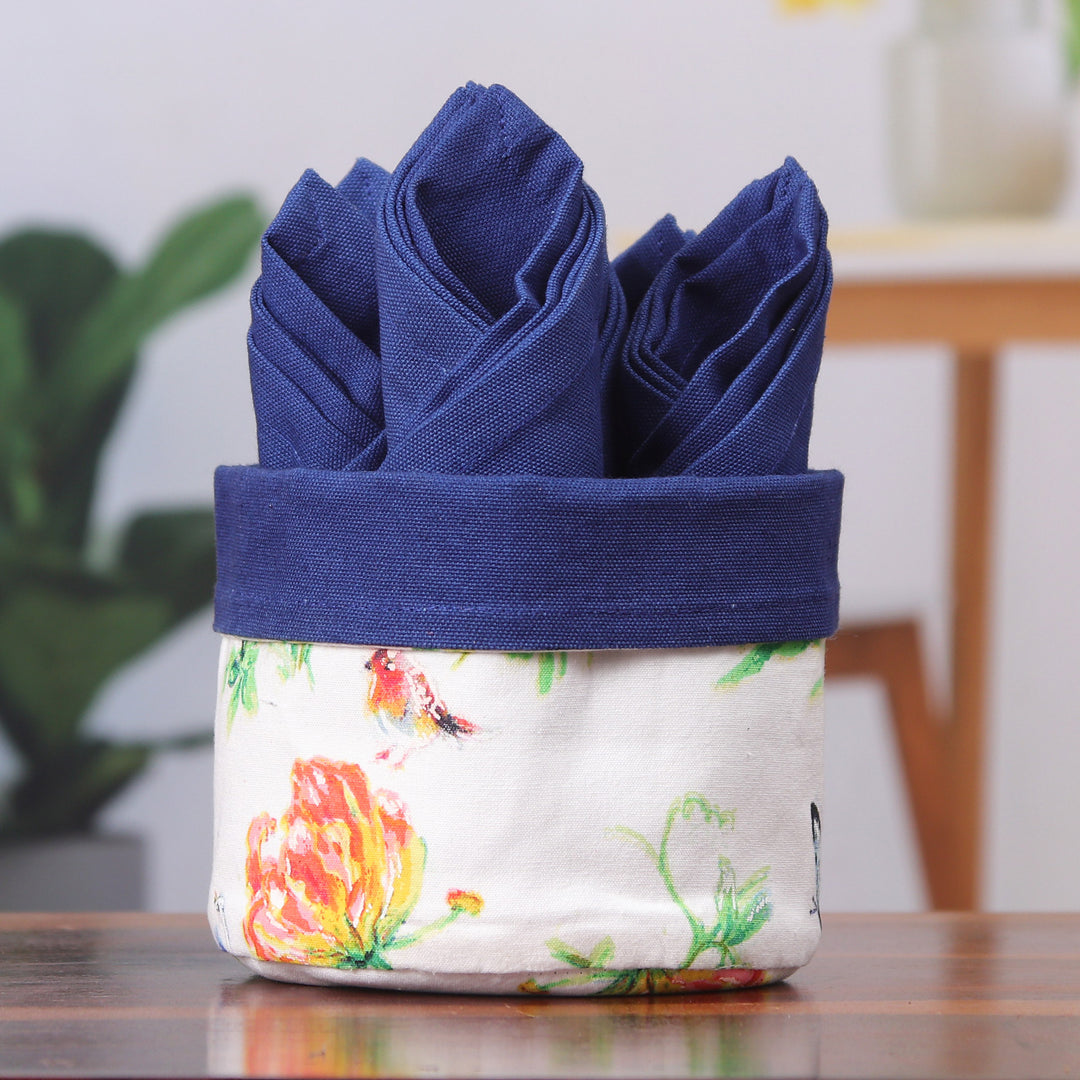 Set of 6 Blue Cotton Napkins with Floral White Basket - Gentle Blue