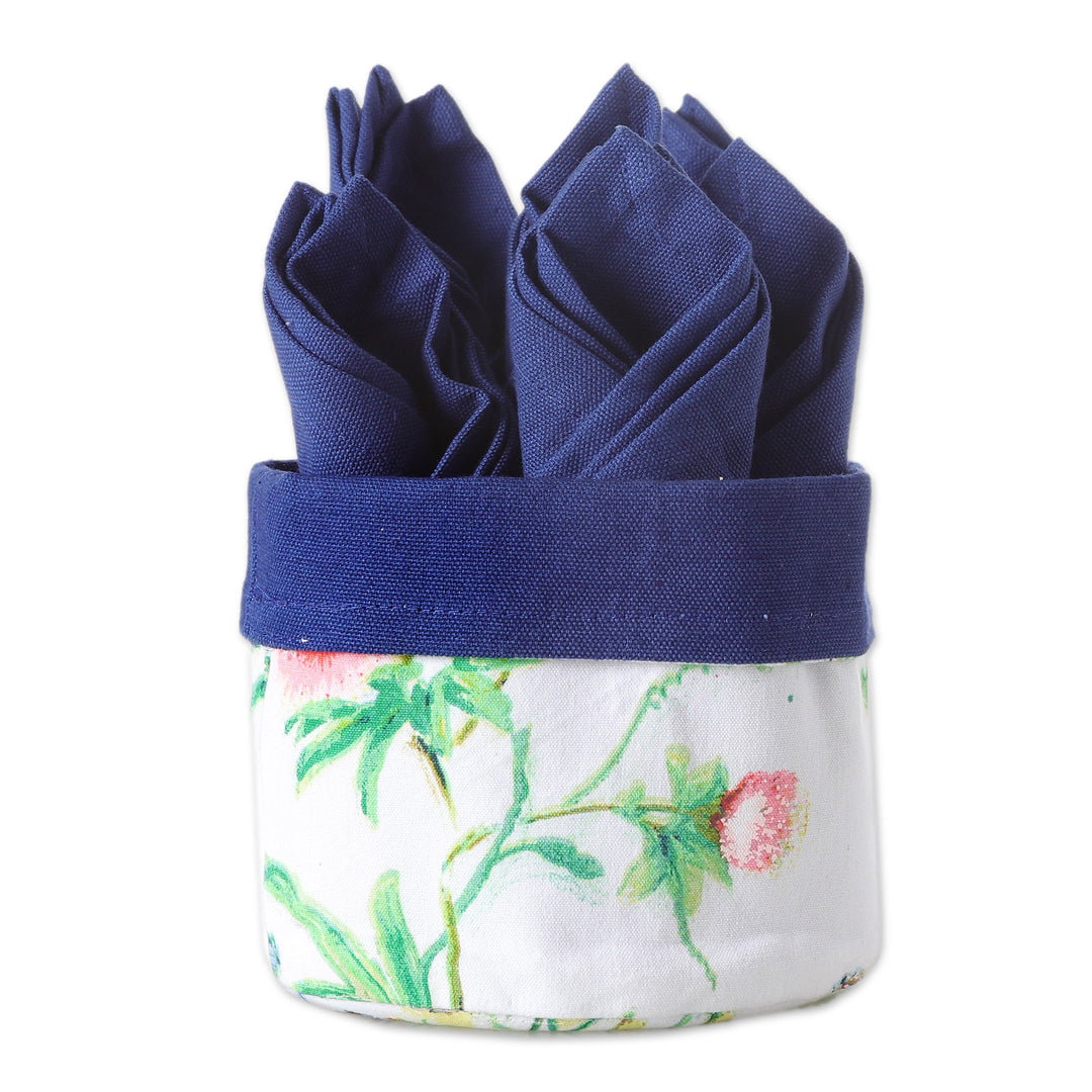 Set of 6 Blue Cotton Napkins with Floral White Basket - Gentle Blue
