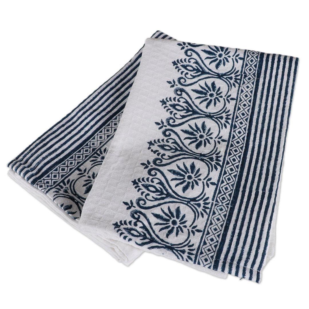 2 Cotton Dish Towels with Blue Hand-Block Printed Designs - Architectural Glory