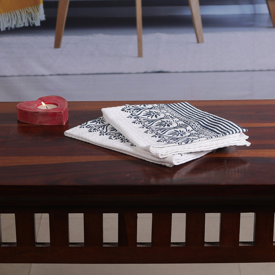 2 Cotton Dish Towels with Blue Hand-Block Printed Designs - Architectural Glory