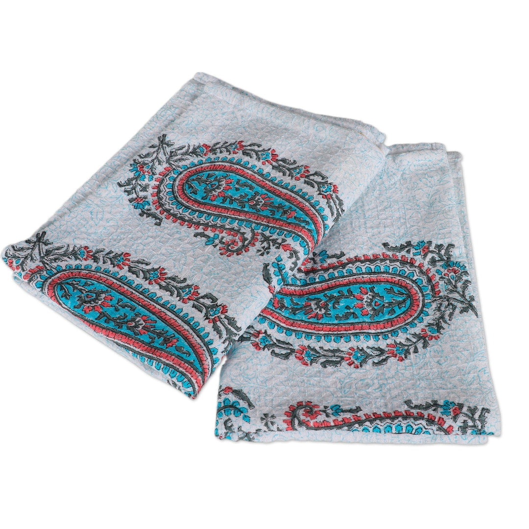 2 Cotton Dish Towels with Hand-Block Printed Paisley Motifs - Paisley Fantasy