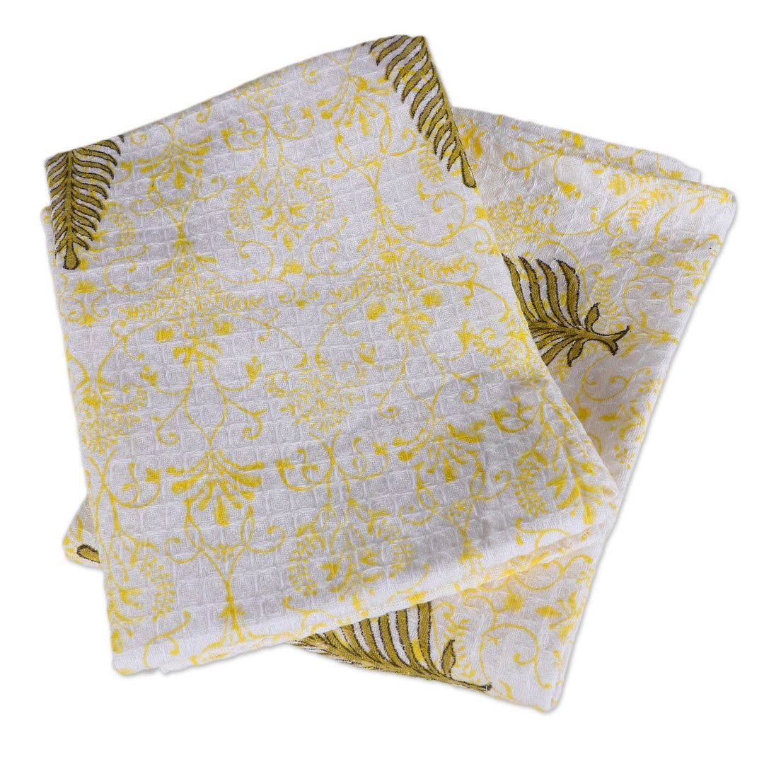 2 Cotton Dish Towels with Hand-Block Printed Leaf Motifs - Leaf Splendor