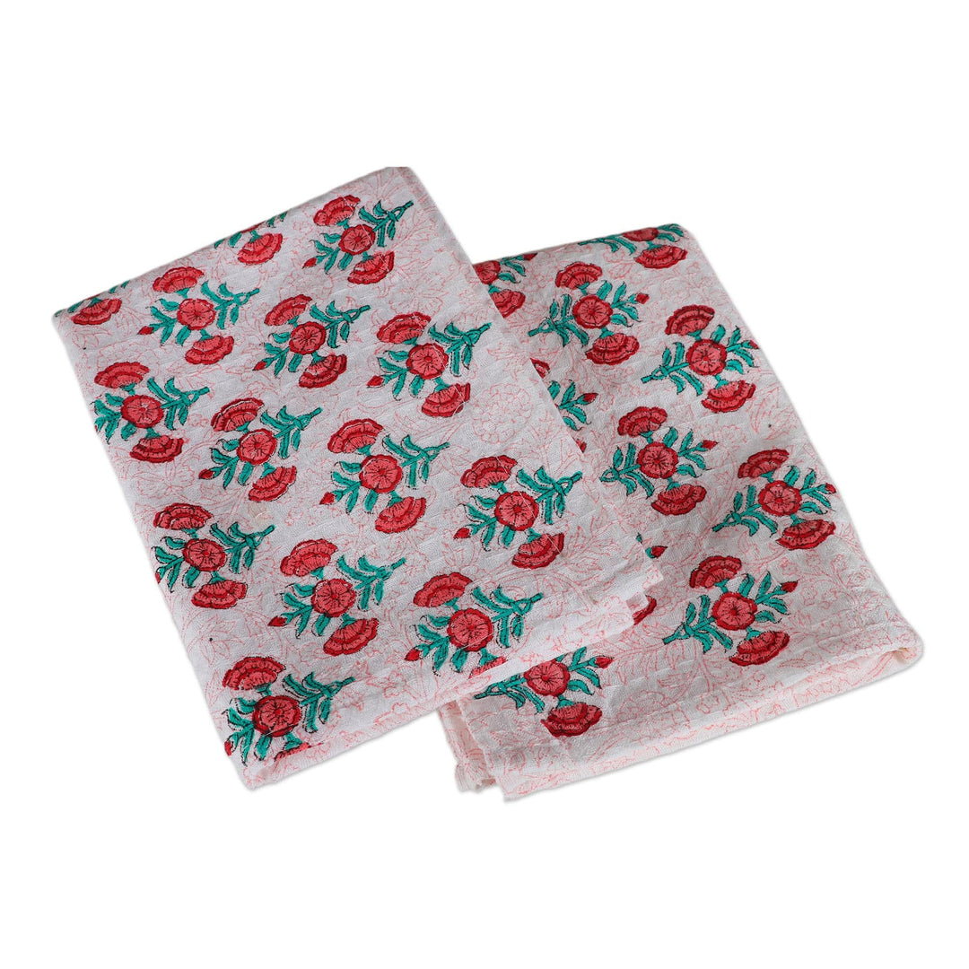 2 Cotton Dish Towels with Hand-Block Printed Floral Motifs - Garden Magic