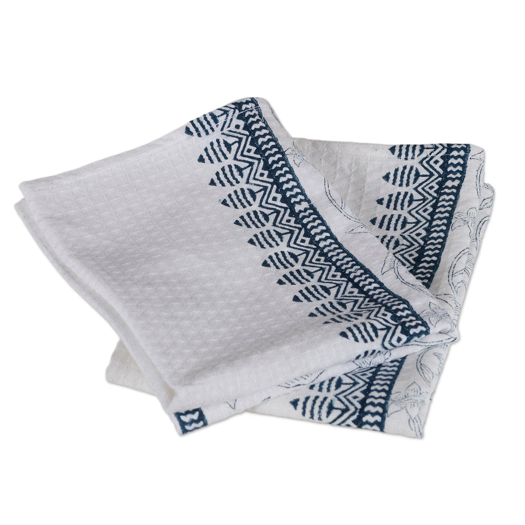 2 Hand-Block Printed Floral and Leaf Cotton Dish Towels - Garden Delight